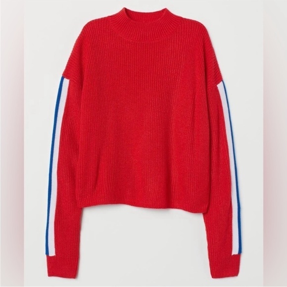 H&M Divided Bright Red Crop Turtleneck Sweater with Blue/White Sleeves - Size XS - Picture 1 of 7